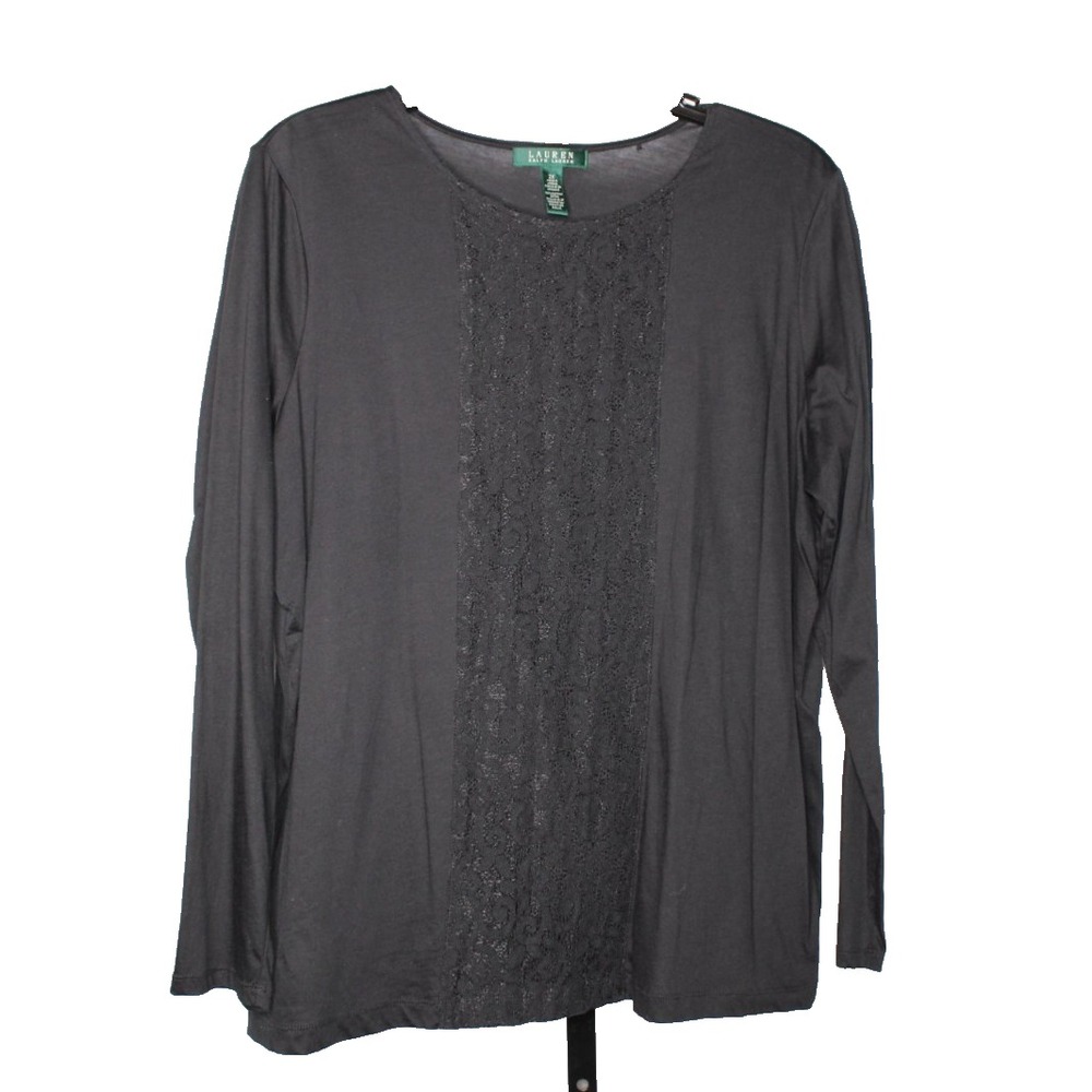 Lauren Ralph Lauren blouse black Long Sleeve Size 2X lace front panel minimalist